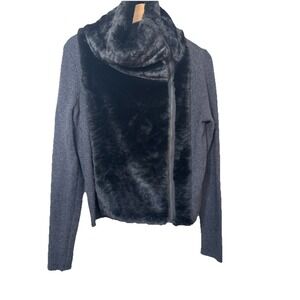 Ann Taylor Faux Rabbit Fur Wool Zip Up Gray Black High Neck cardigan Sweater M